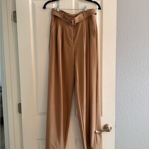 Elegant Tan High-Waisted Belted Trousers